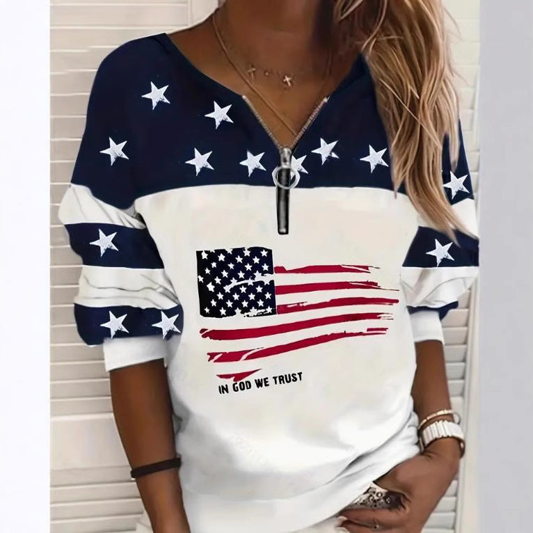 Trendy Afslappet Flag-Sweatshirt Med Halv Lynlås
