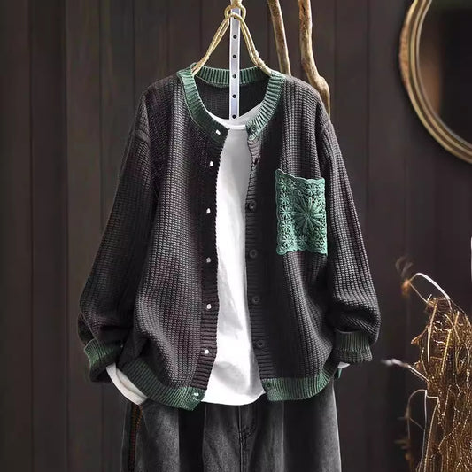 Retro Knitted Cardigan Women Round Neck Loose