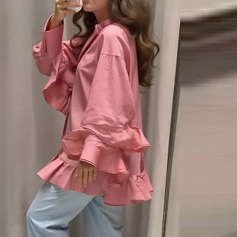 Solid-color Top With Ruffled Hem, Stand-up Collar, And Batwing Sleeves