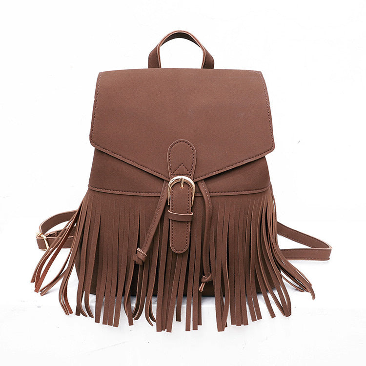 Frosted Women's Tassel Backpack Bundle Mouth Solid Color