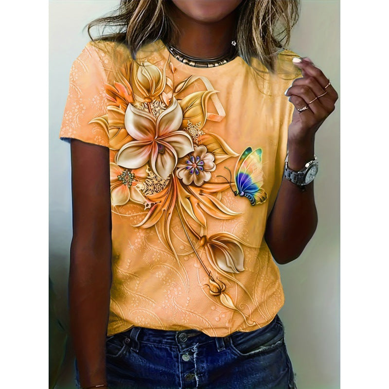 Pattern Round Neck T-shirt Leisure Short Sleeve