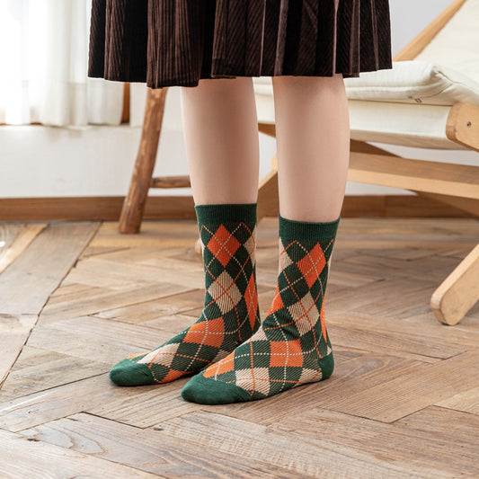 Trendy Retro Double Needle Diamond Plaid Socks