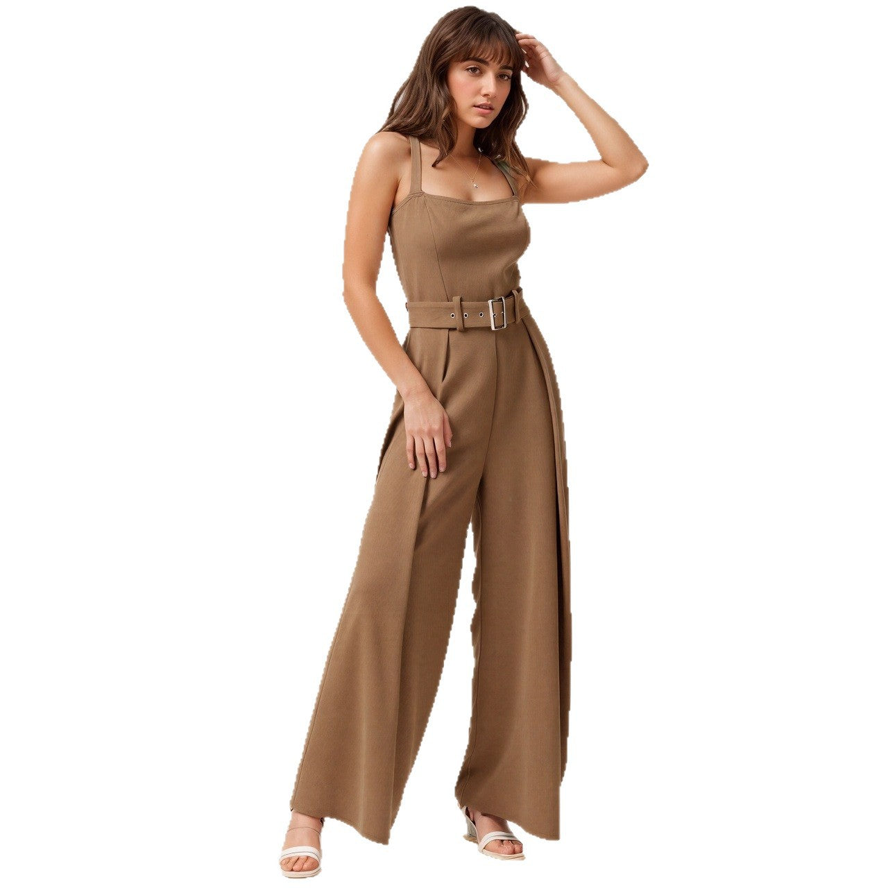 Womens Minimalist Sleeveless Form-fitting Wide-leg Jumpsuit With A Waist Belt