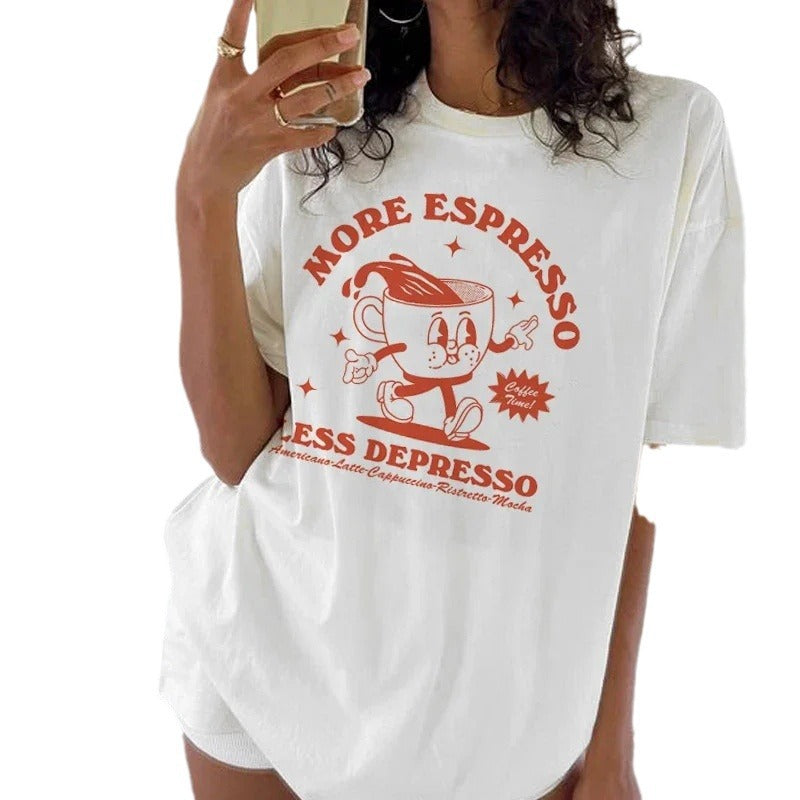 Europæisk og amerikansk retrotrykt udenrigshandel T-shirt sød ensfarvet