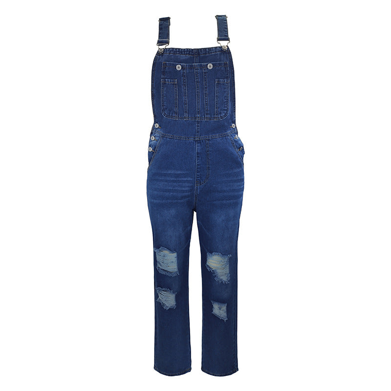 Jumpsuit Women's Fashion Denim Ripped Hole Cut Solid Color Overalls