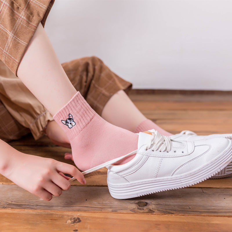 Autumn And Winter New Female Socks Japanese Cartoon Animal Embroidered Cotton