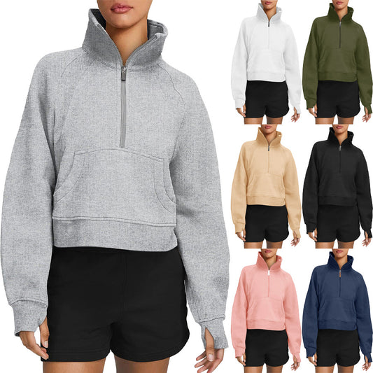 Autumn And Winter Fleece Sweater Half Zipper Coat Stand Collar Pocket European And American Style Women Sweater