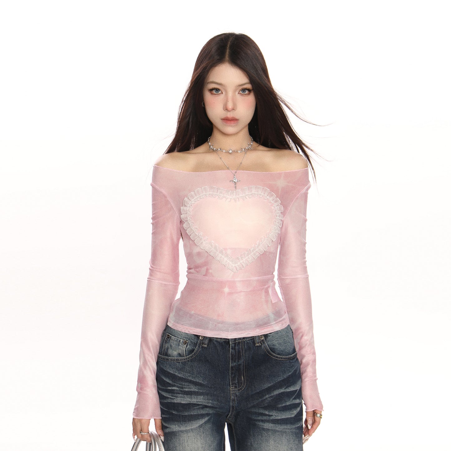 Tie-Dye Træ Øre Kærlighed Off-shoulder Mesh Langærmet T-shirt