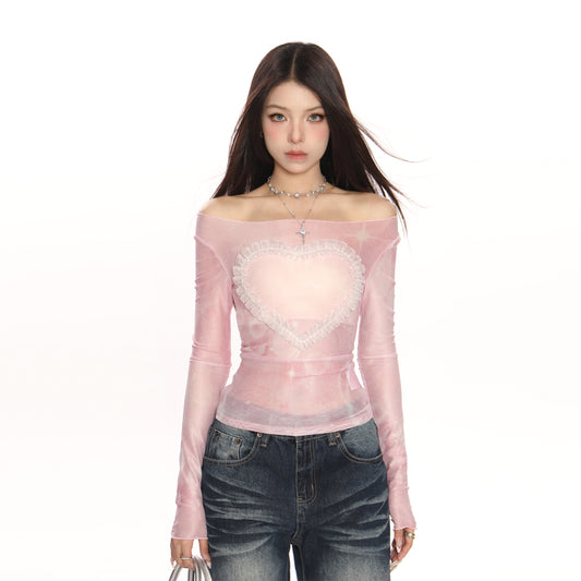 Tie-dyed Wooden Ear Love Off-shoulder Mesh Long Sleeve T-shirt