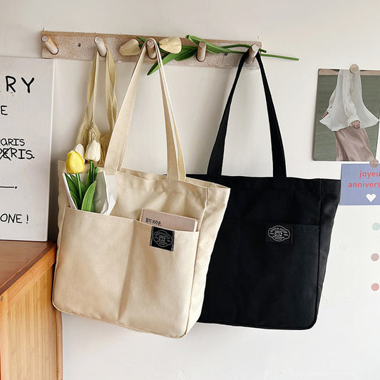 Preppy Style Canvas Handbags Women's Solid Color Simple Large Capacity Daily Shoulder Bag Multiple Pockets Shopping Bags Girls Students