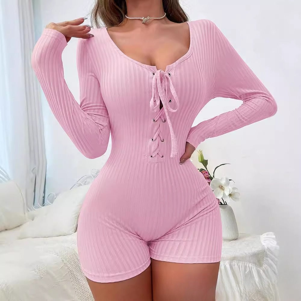 Solid Color V-neck Tie-front Home Jumpsuit