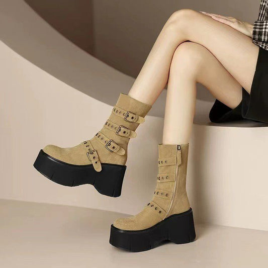 Platform Wedge Booties Women's Belt Buckle Muffin Middle Boots
