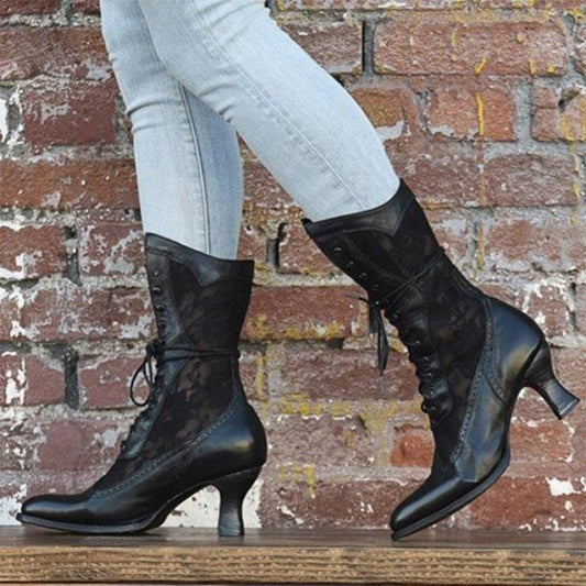 British Style Lace-paneled Boots With Front Lace-up