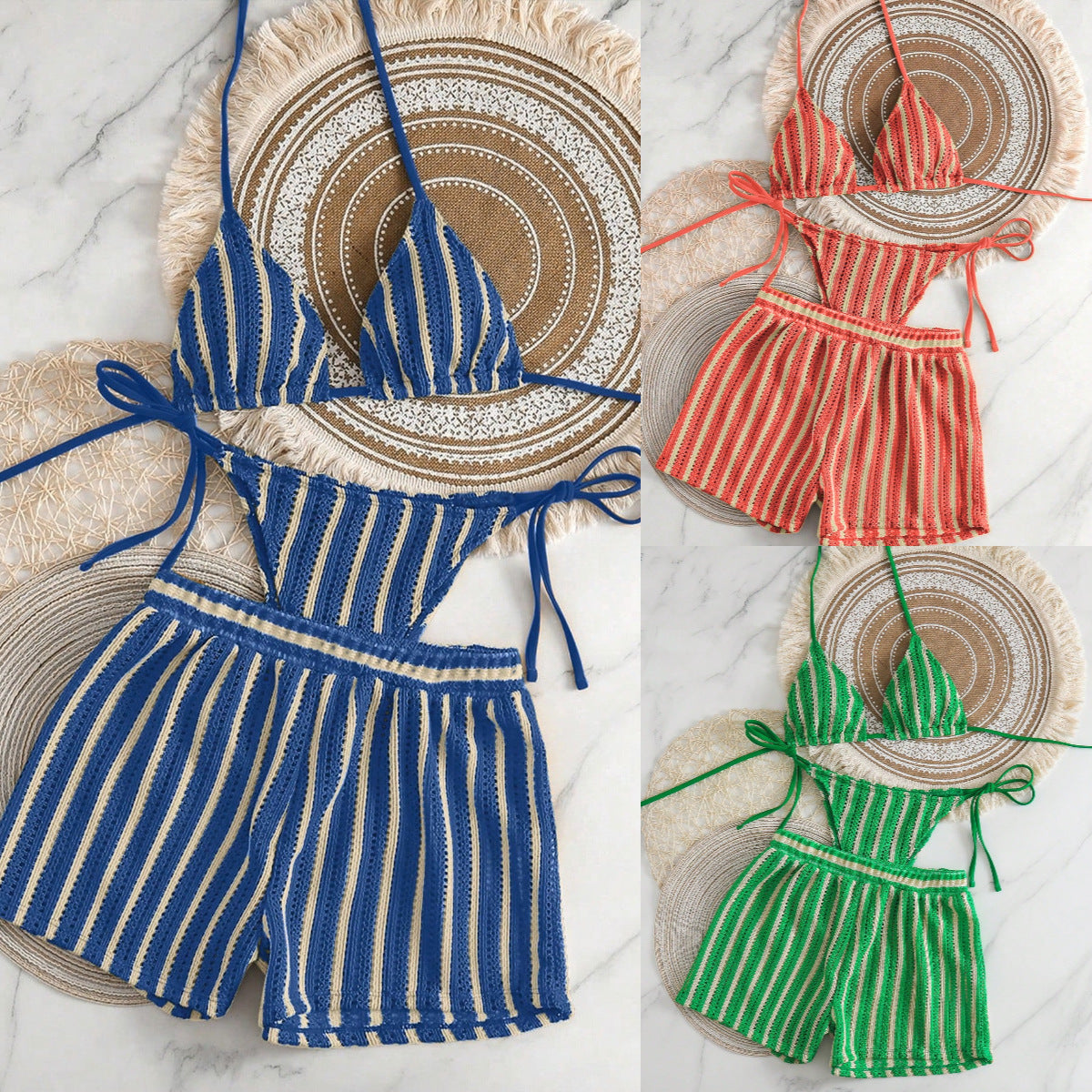 Womens Sexy Woven Bohemian Bikini Three-Piece Set