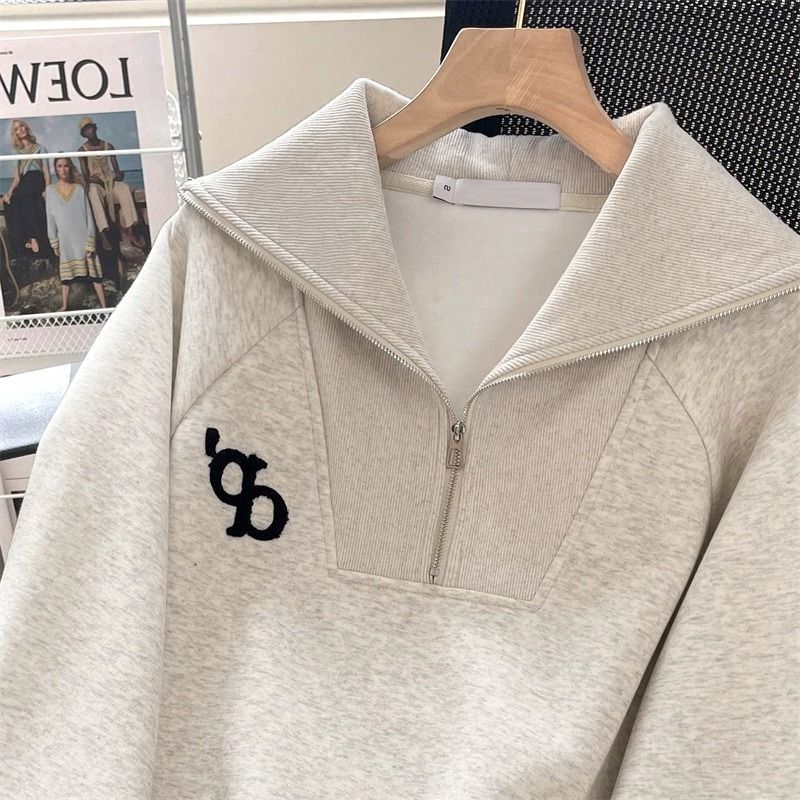 Løs Amerikansk Vintage Grå Revers-Sweatshirt Til Små Kvinder
