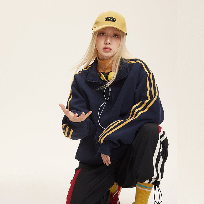 Women's American-style Retro Sports Three-bar Cardigan Sweater