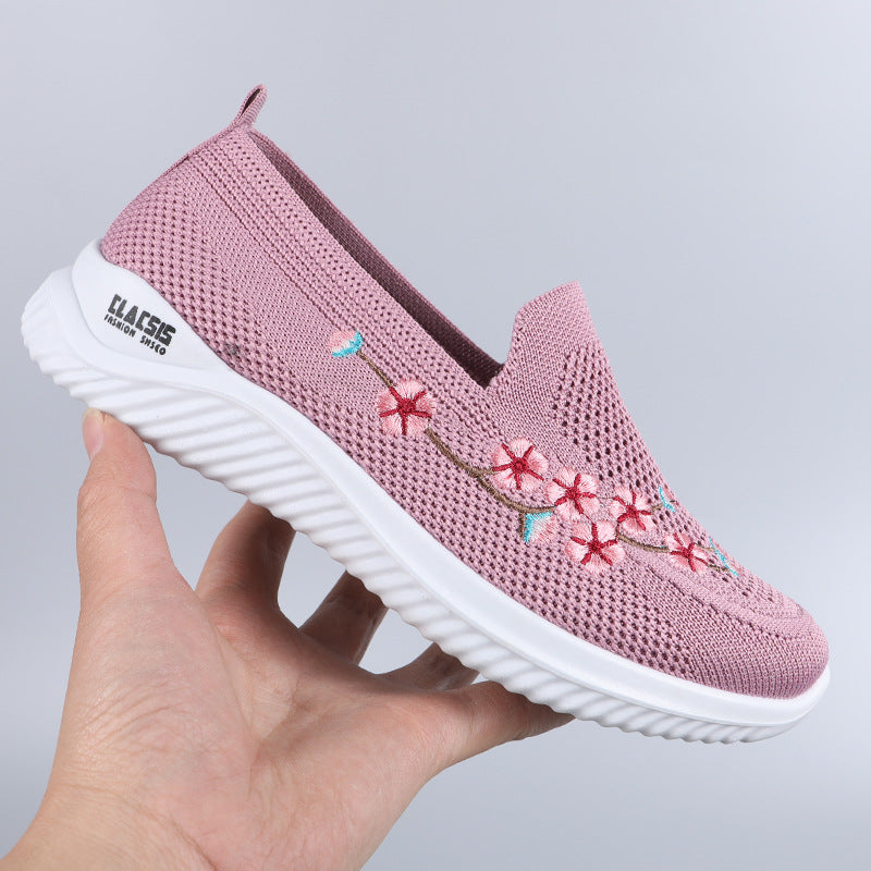 Flower Embroidery Flats Summer Walking Shoes Women's Mesh Breathable Casual Shoes