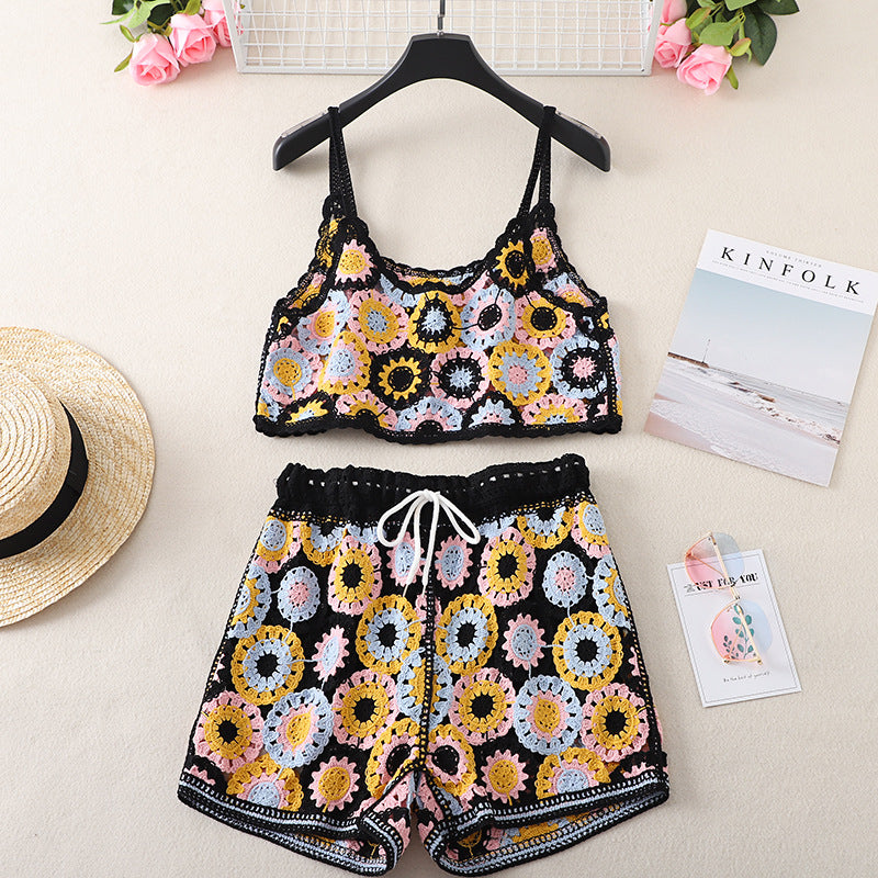 Top High Waist Embroidery Shorts Two-piece Set