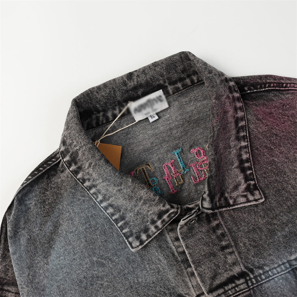 Colored String Spray Embroidery Denim Coat Tie-dyed Washed And Worn Loose