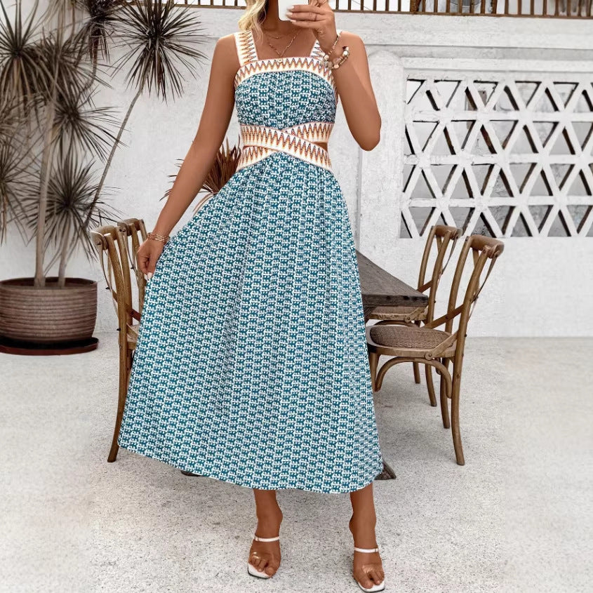 Strap Vintage Print Long Dress