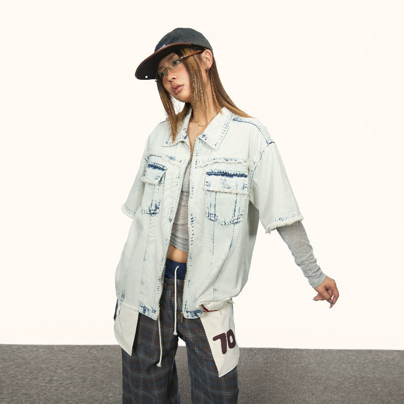 Women's Retro Washed Denim Frayed Short-sleeved Shirt