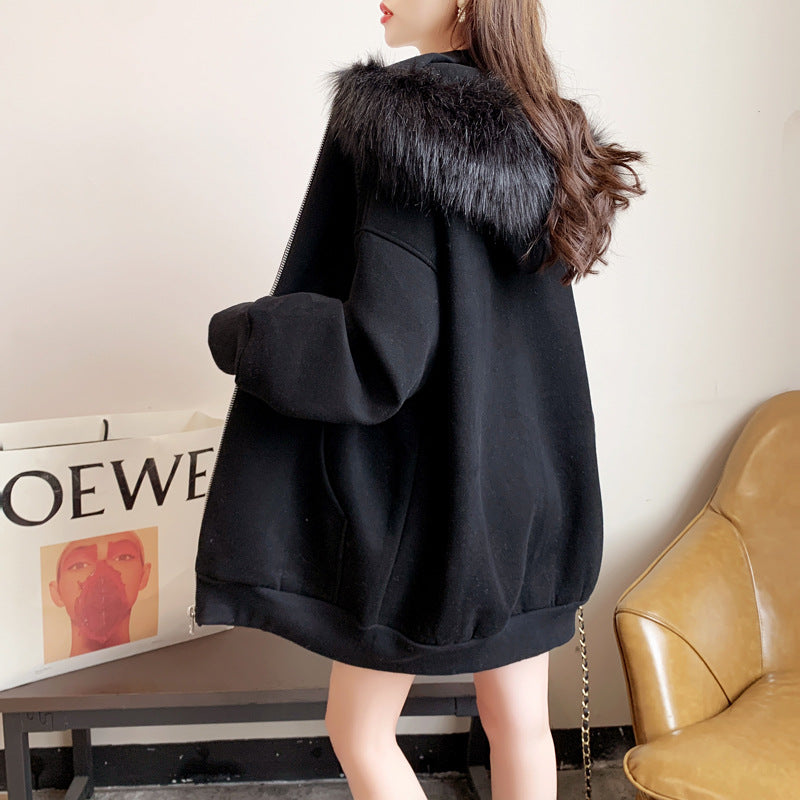 Plus Size Fleeceforet Tykkere Hættetrøje Cardigan Løst Design