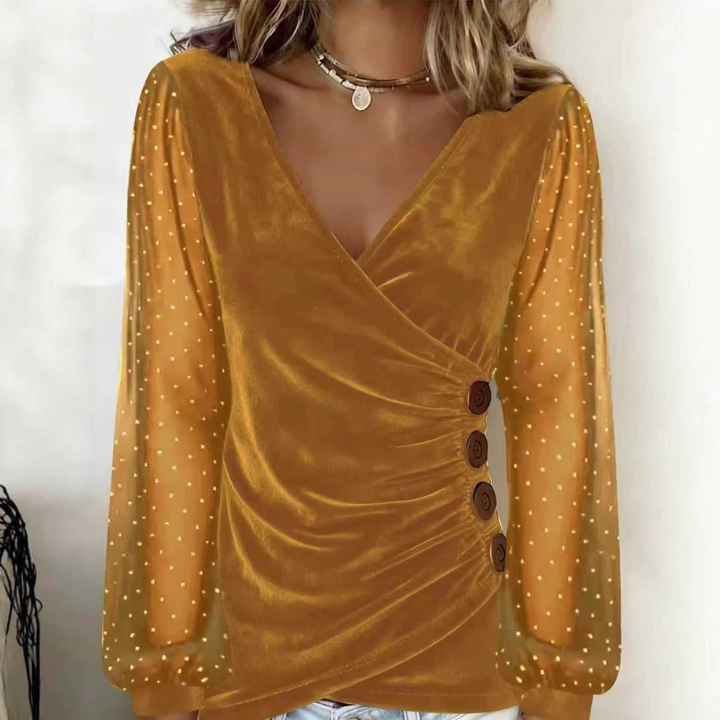 Drilled Rhinestone Velvet Slim Fit Long Sleeve T Shirt