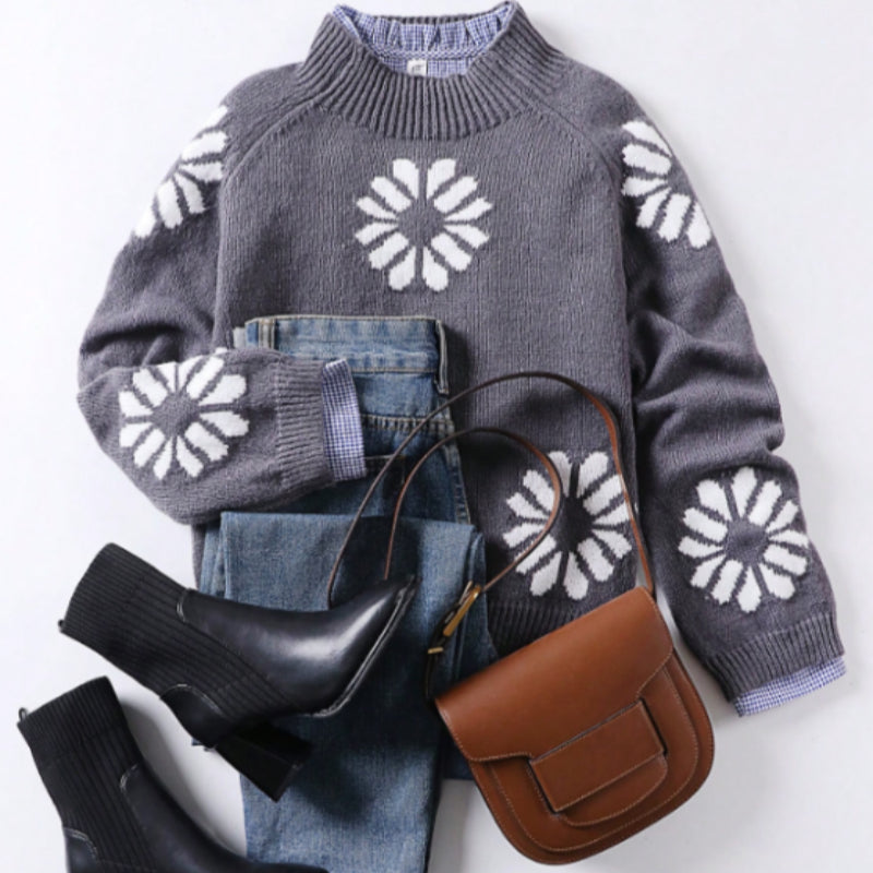 Women's Retro Brown Mock Neck Long Sleeve Sweater