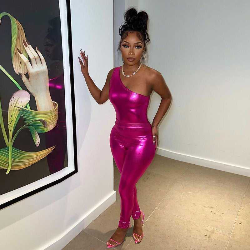 Summer Womens Sexy Glossy One-shoulder Outfit