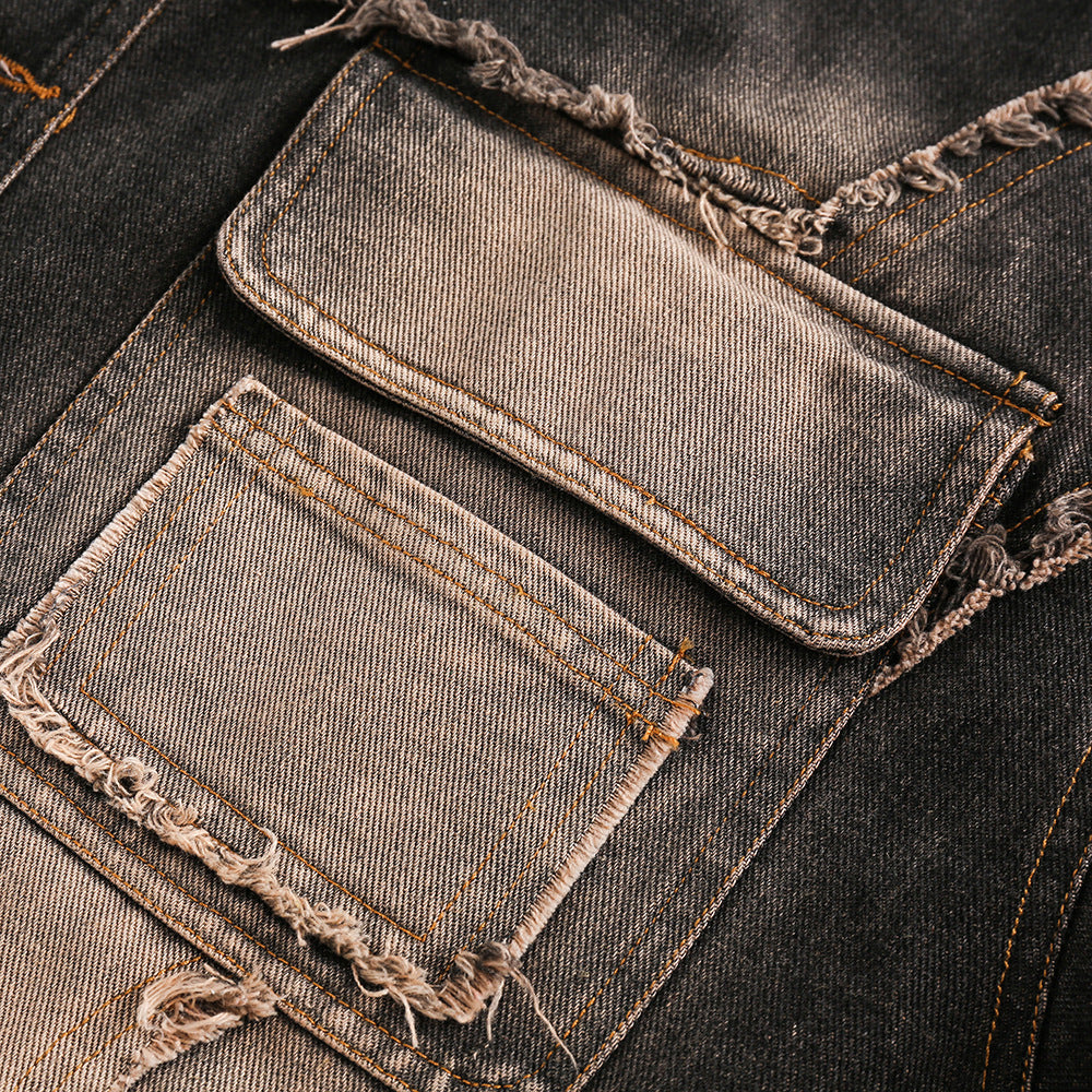 Punk Design Stitching Cat Raw-cut Edges Turn-down Collar Coat