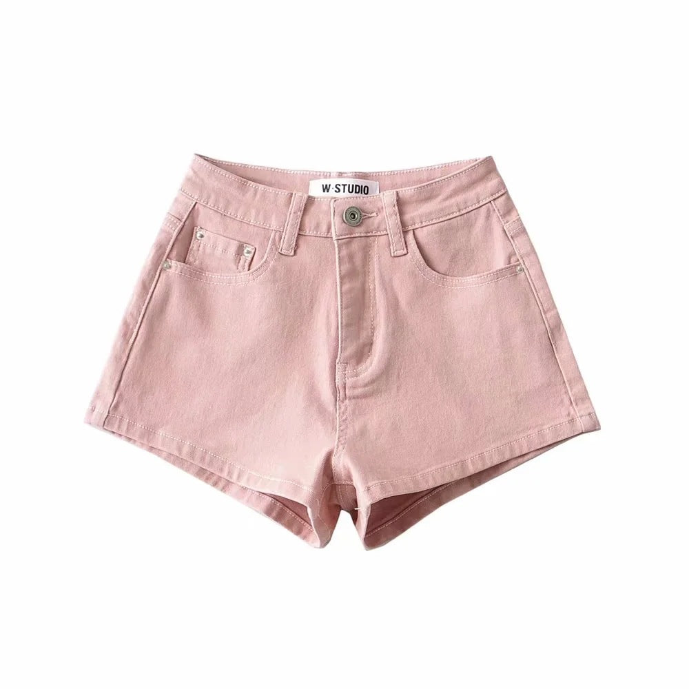 High Waist Leg Length Basic A-Line Stretch Crimped Denim Shorts