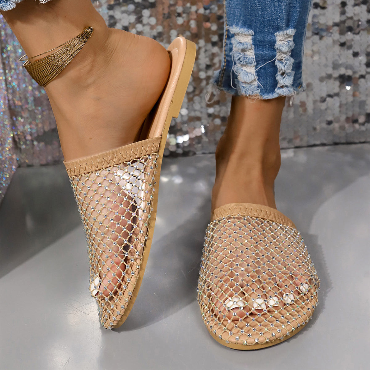 Hule Gennemsigtige Sandaler Med Rhinestones Sommer Mode Udendørs Hjemmesko Flade Sko Til Kvinder