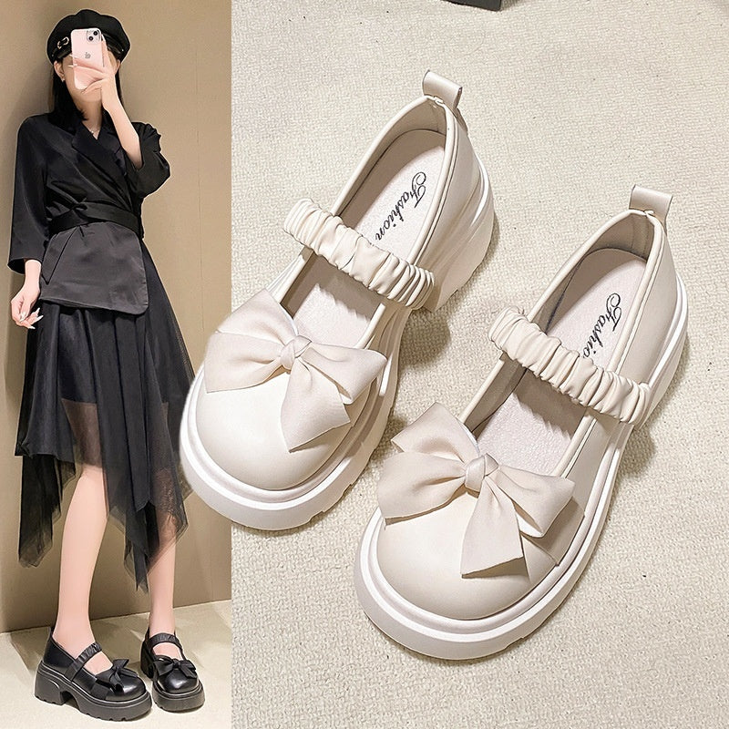 Small Leather Shoes Women's High Heel With Skirt Bow French Chunky Heel Pumps