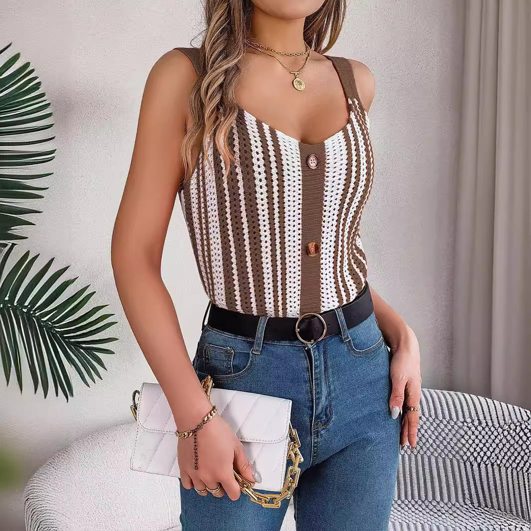 Women's V-neck Buttons Contrast Color Hollow Knitwear Top