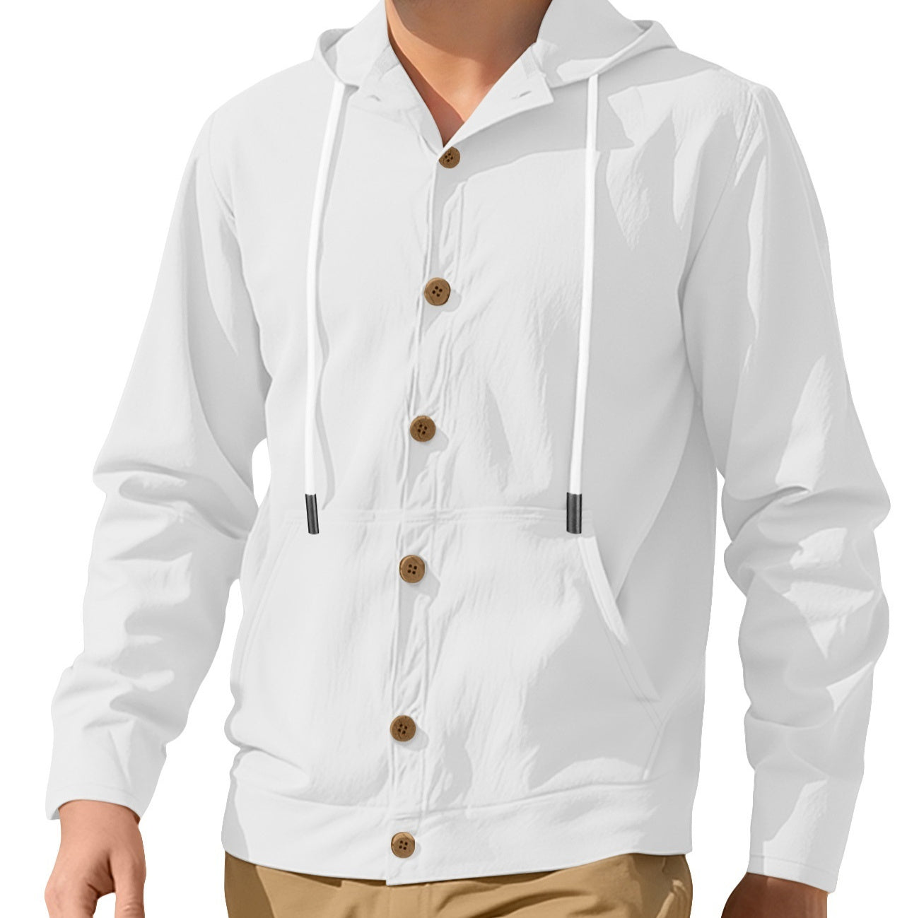 Men's Button-Down Loose Linen Casual Simple Beach Hooded Long Sleeve Jacket