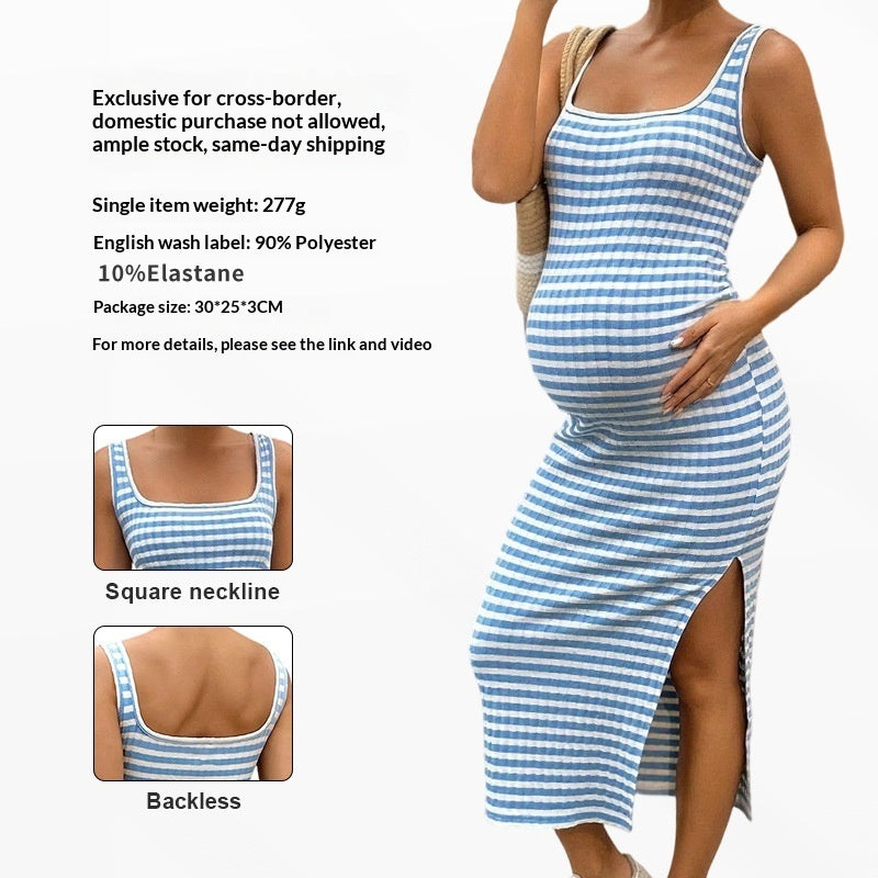 Summer Slim-fit Square-neck Striped Dress