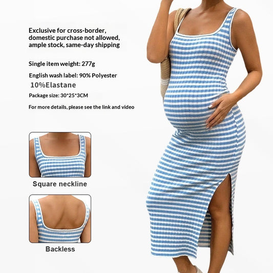 Summer Slim-fit Square-neck Striped Dress
