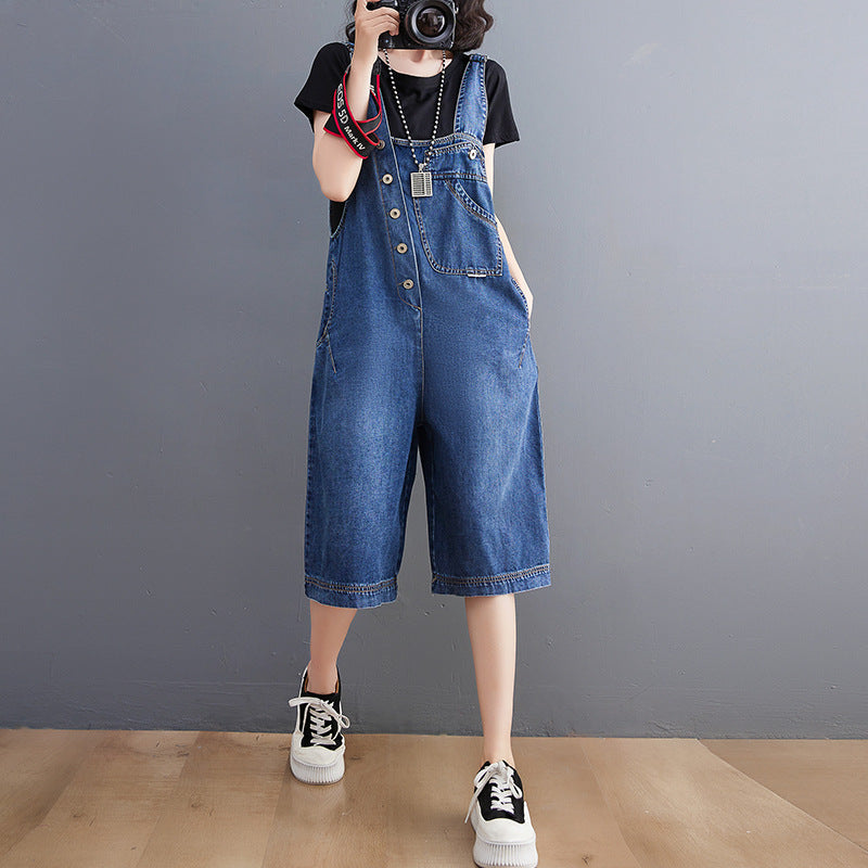 Women's Plus Size Korean Style Denim Overalls Five Points Pants