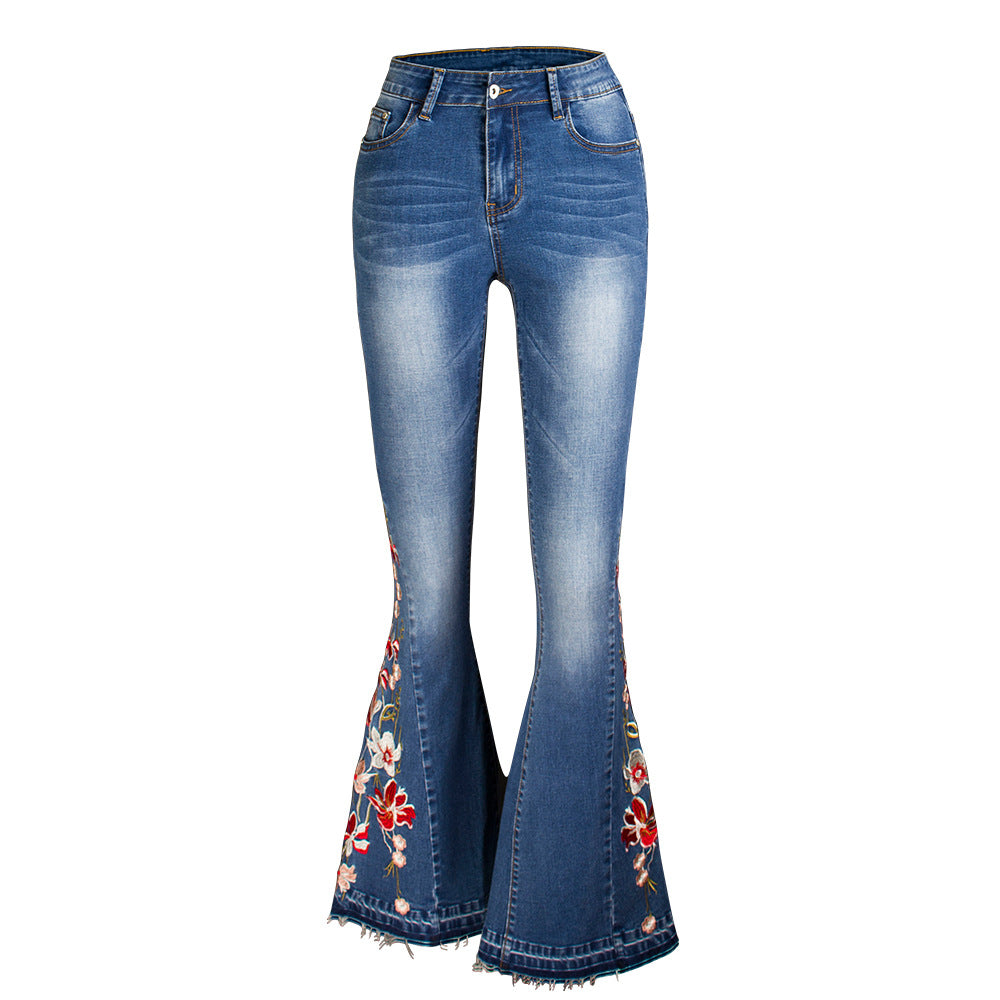 Machine Embroidery Denim Women's Autumn Denim Wide Leg Trousers 3D
