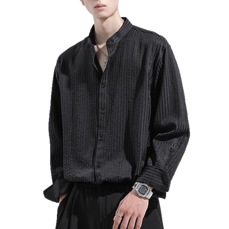 Anti-Wrinkle Seersucker Men's Black Texture Long Sleeve Casual Shirt