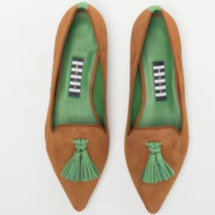 Women's Low-cut Pointed-toe Colorblock Tassel Flat Shoes