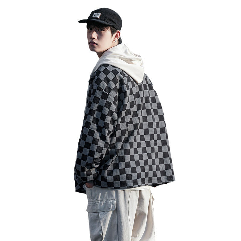 Men's Chessboard Plaid Printed Hooded Loose Casual Jacket