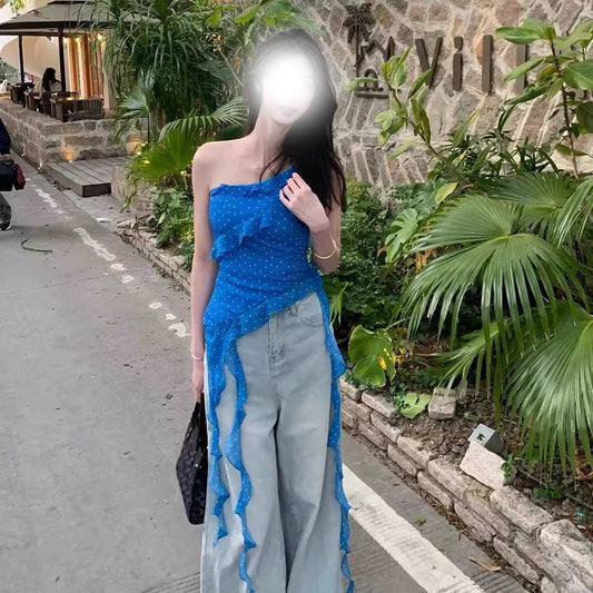 Dame uregelmæssig blå prikket off-shoulder tanktop