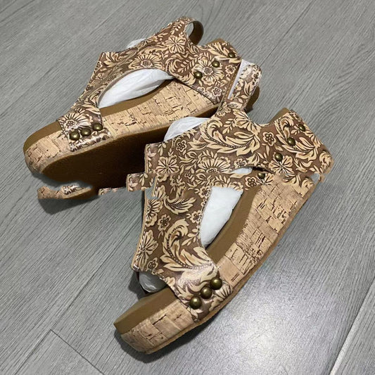 Retro Brown Pattern Large Size Wedge Sandals Platform High Heel