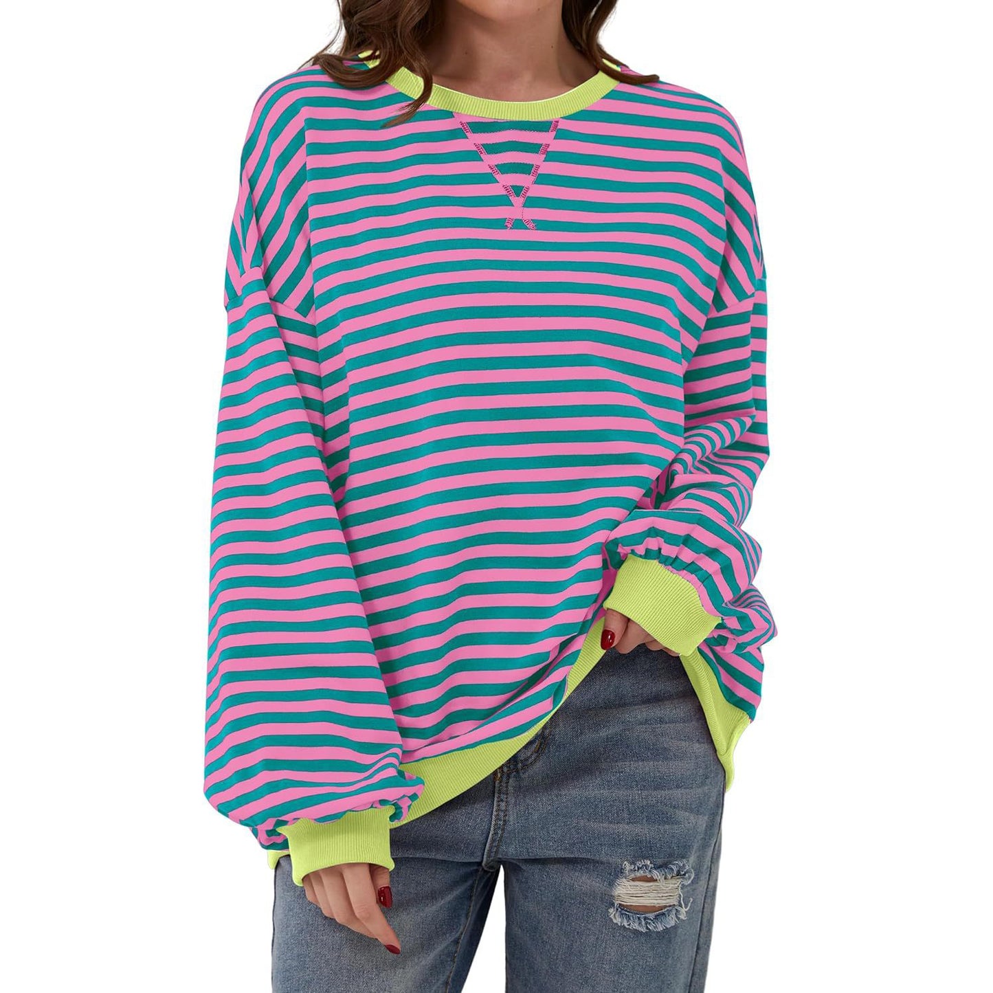Løs stribet langærmet T-shirt afslappet pullover sweater til dametøj