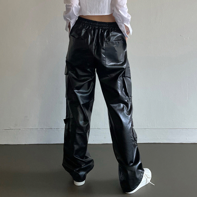 Street Pocket Tooling Leather Straight Leg Pants Elastic Waist Wide Punk Texture