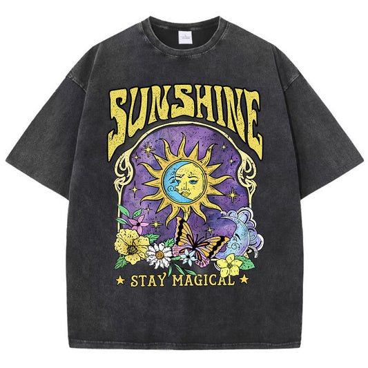 Sunshine Humor Sol Måne Blomst Sommerfugl Casual T-shirt