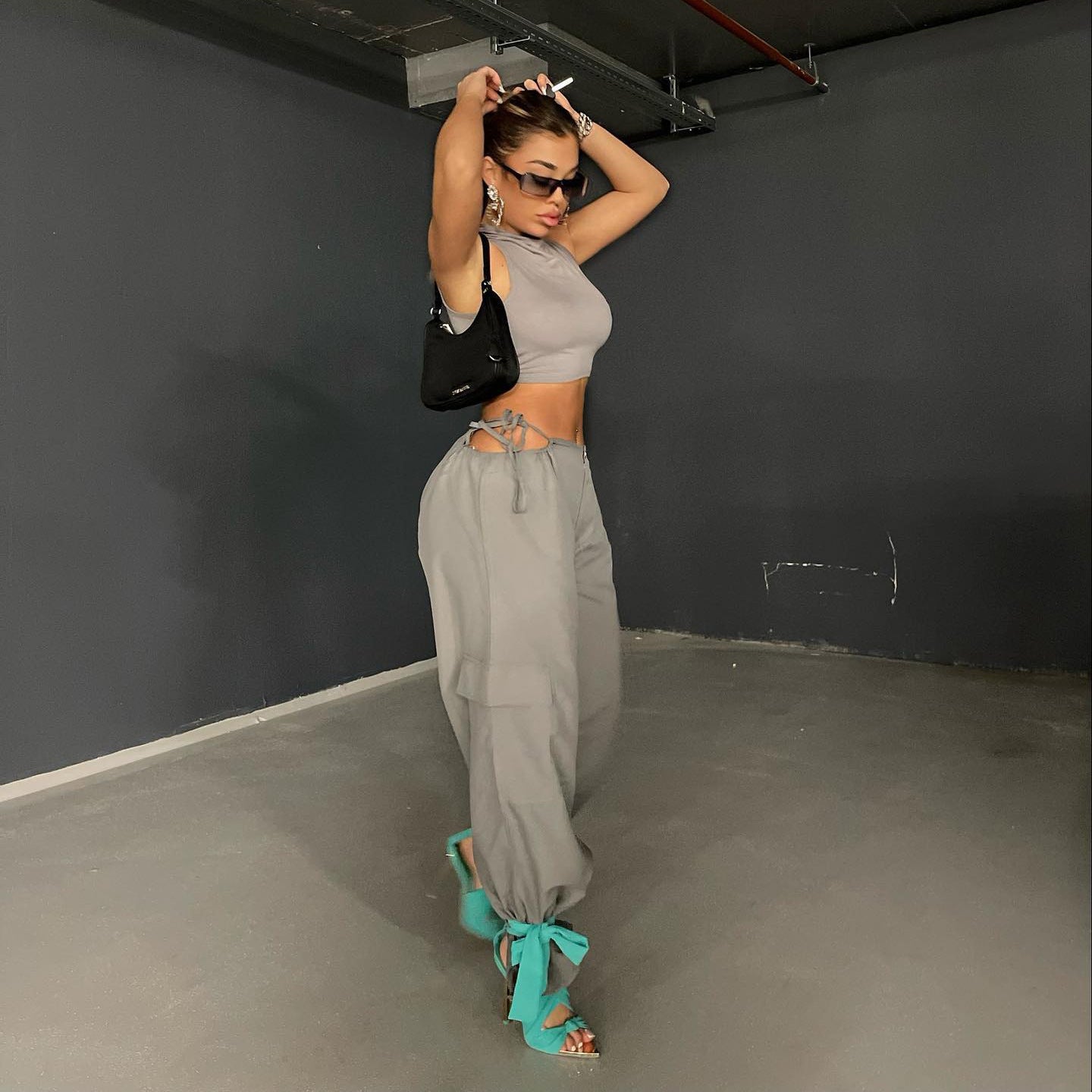 High Waist Hollow Drawcord Solid Leggings Cargo Pants