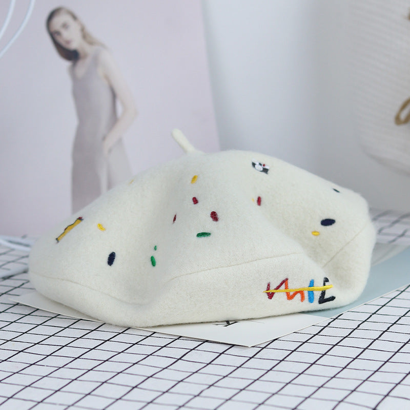 Stitched Ins Style Wool Knit Beret Women's Embroidered Hat