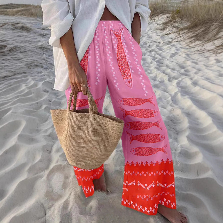 Casual Relaxed-fit Athletic Wide-leg Pants With A Fish-scale Pattern